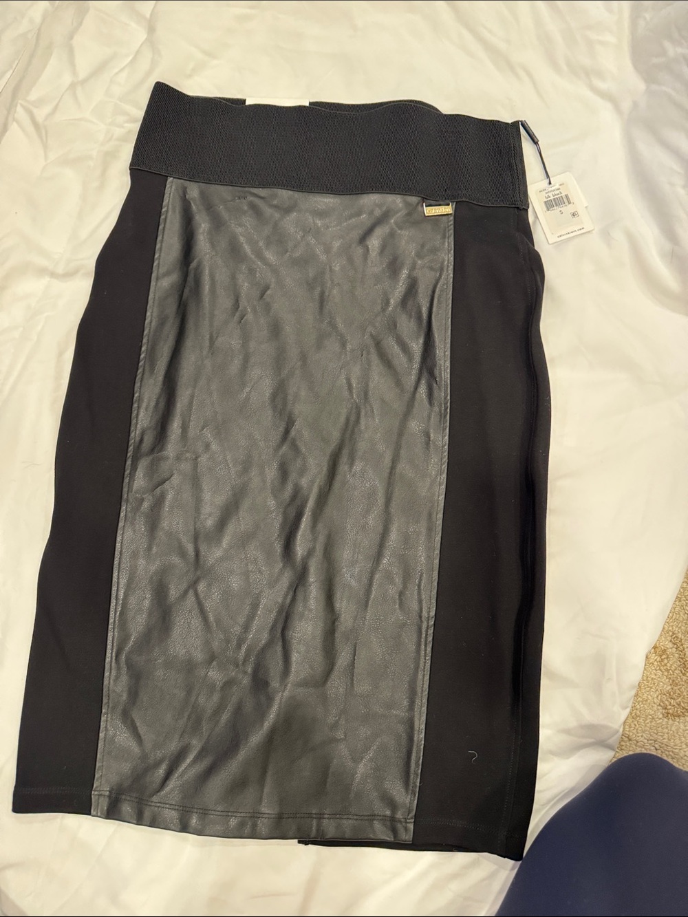 Calvin Klein Black Faux Leather-Panel Pencil Skirt
